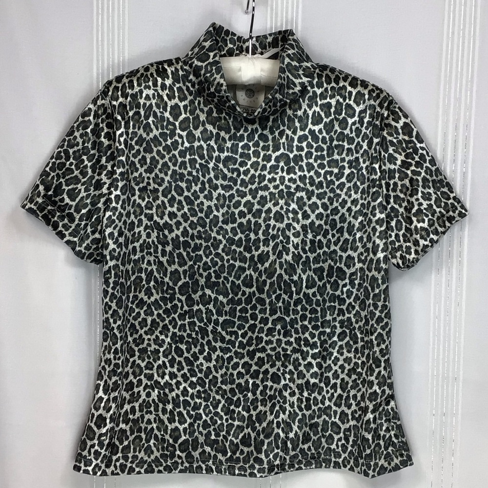 VTG Softly Suited Animal Print Mock Neck Short Sleeve Popover Velour Top Sz.M